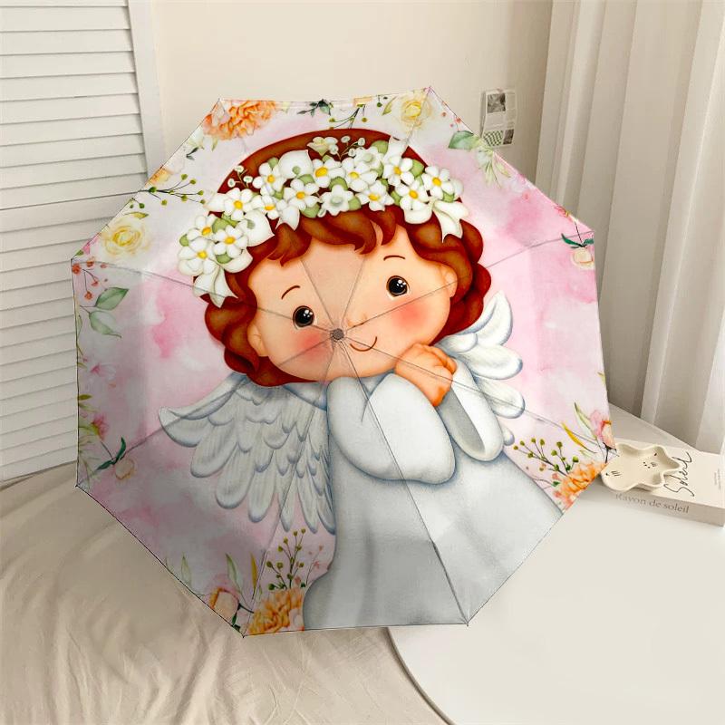 1pc Angel Flowers Automatic Folding Umbrella, Heavy Duty 8 Rib Iron Frame,  Suitable for Travel, Daily Use, Birthday, Decor Gift m0104018