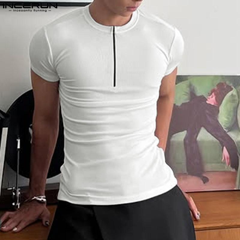 INCERUN Men Round Neck Short Sleeve Rib Fitted Casual T-shirts Tops Undershirts