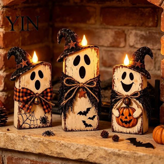 Solid Wood Seasonal Centerpiece 3Pcs Rustic Wooden Halloween Cat Tabletop Decor, Farmhouse Black Figurine Indoor Party Supplies with Witch Hat, Autumn