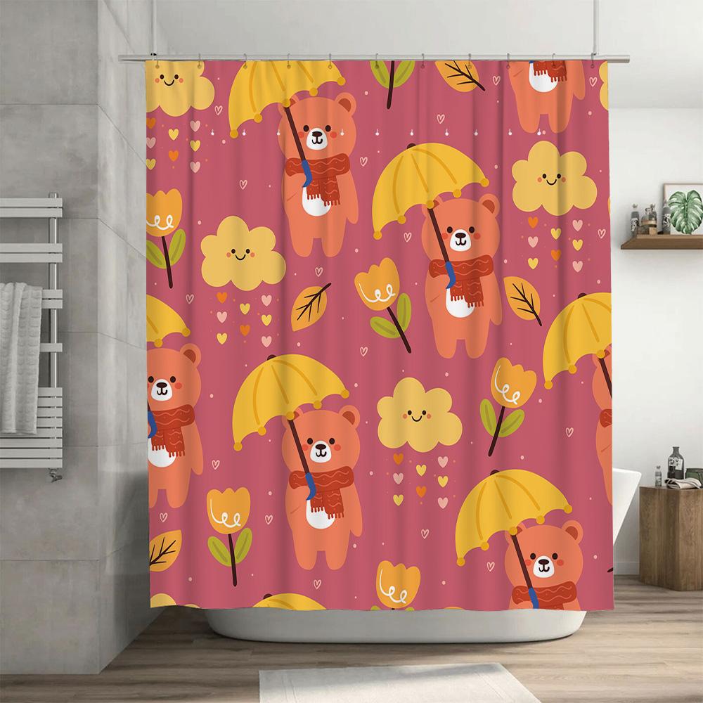 Adorable Animal Umbrella Shower Curtain Set For Bathroom Decor With Fall Colors Pink, Yellow Orange Floral Pattern Perfect Gift