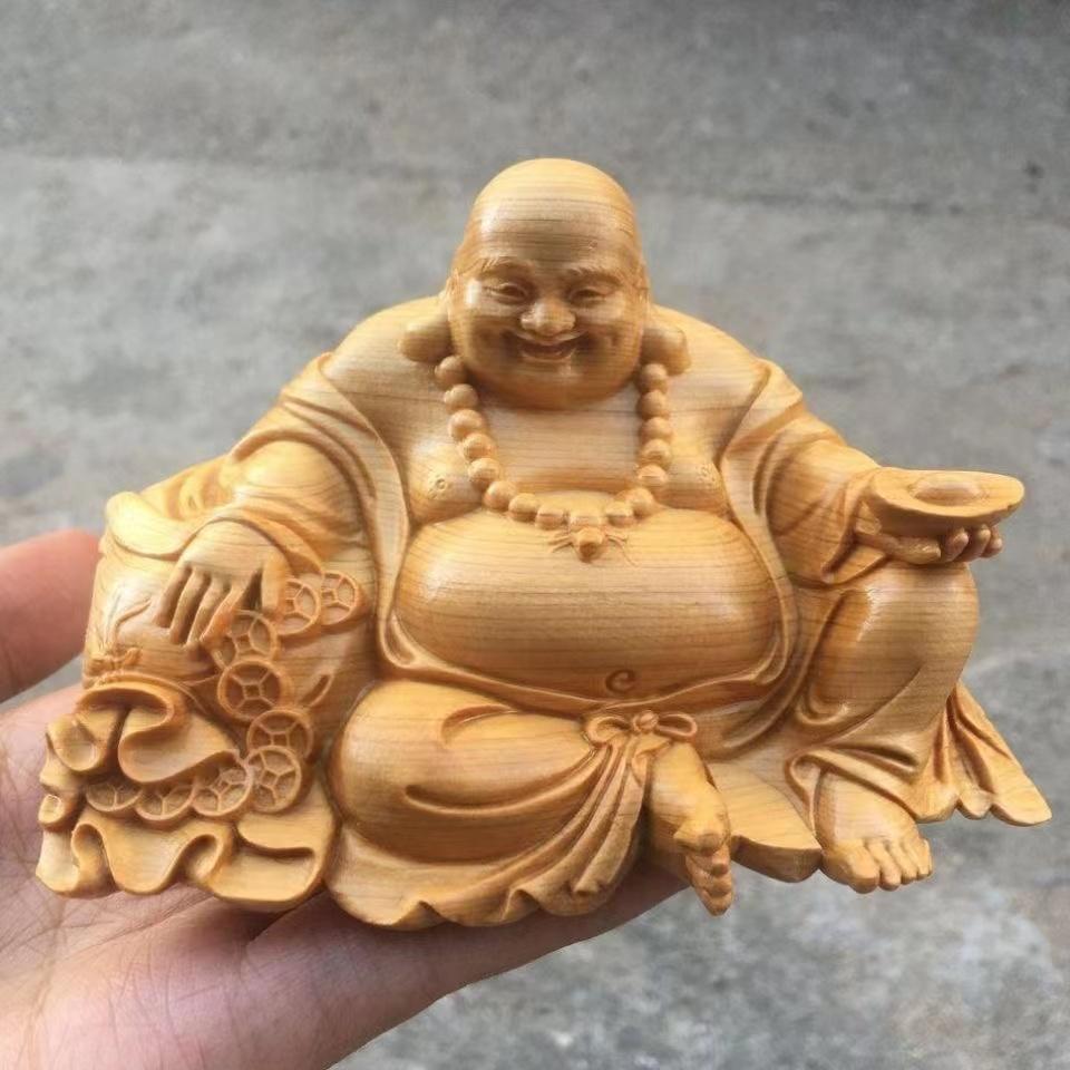 Natural Cypress Ingot Maitreya Buddha  Statue Chinese characteristic wood carving Home, Room, Office, God of Wealth Accessories