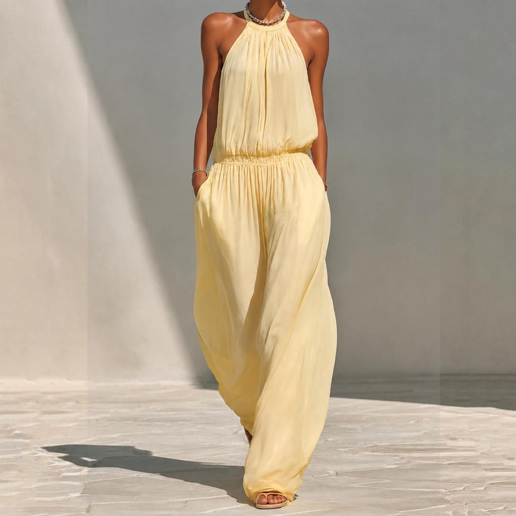 Women's Neck Loose Wide Leg Jumpsuit Vacation Beach Casual Romper for Summer