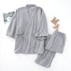 Kimono Lace-up Spring and Autumn Pajamas Men's Three-quarter Sleeve Double-layer Cotton Home Service Summer Gauze Solid Color Japanese Suit