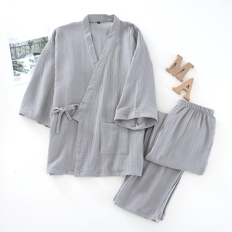 Kimono Lace-up Spring and Autumn Pajamas Men's Three-quarter Sleeve Double-layer Cotton Home Service Summer Gauze Solid Color Japanese Suit