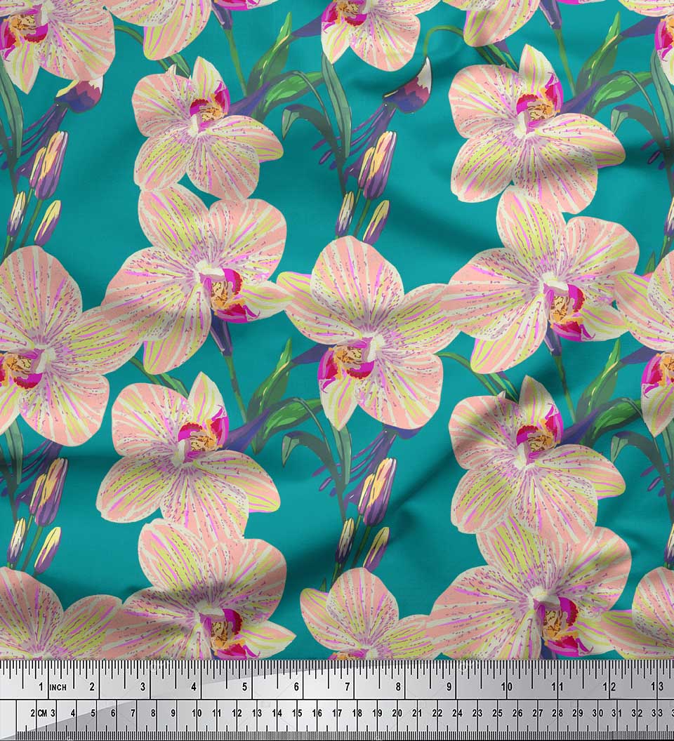 

Тканина Soimoi Japan Crepe Satin Leaves & Orchids Floral Print Тканина на метр 42 дюйма 42 Inch Wide - Poly Crepe зелений