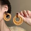 Silver Needle Round Resin Rattan Woven Earrings - Light Luxury High-End Studs, Fashionable Temperament Design