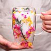 Double Wall Glass Mug with Flower Glitter Inside 450ml Large Capacity Heat & Cold Resistant Transparent