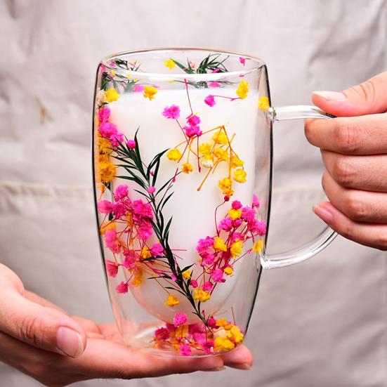 Double Wall Glass Mug with Flower Glitter Inside 450ml Large Capacity Heat & Cold Resistant Transparent Mug Creative Breakfast Coffee Cup