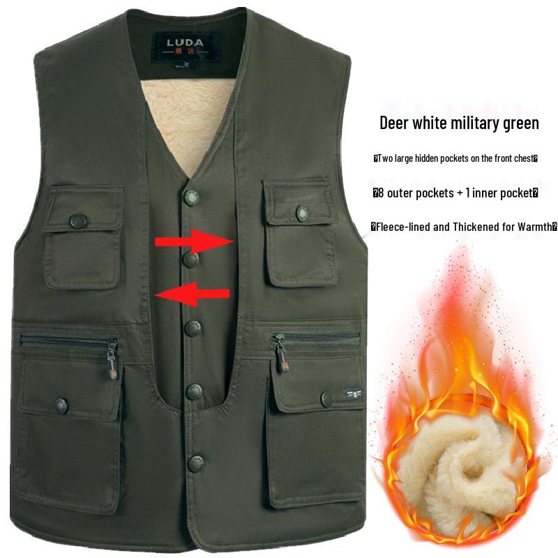 

Men s Plus Size 8XL Velvet-Lined Cotton Vest, Multi-Pocket Sleeveless Top, Warm for Middle-Aged & Elderly, Autumn/Winter Button-Up. L [90-120] jin