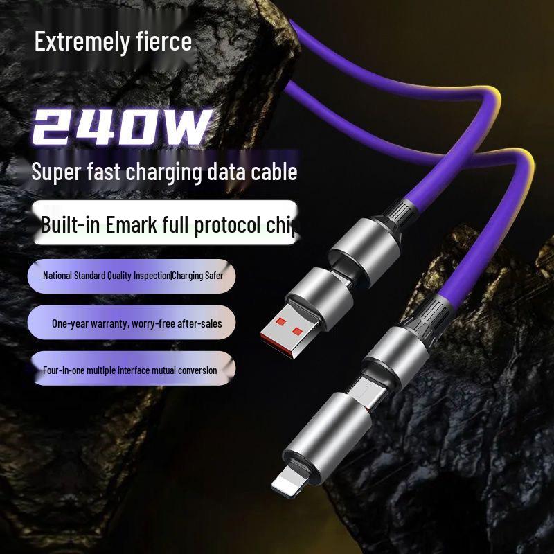 High-Speed 240W 1.5m Silicone 4-in-1 Charging Cable for Apple, Xiaomi, Huawei, OPPO Purple Cylinder 1.5m 4-in-1 фиолетовый