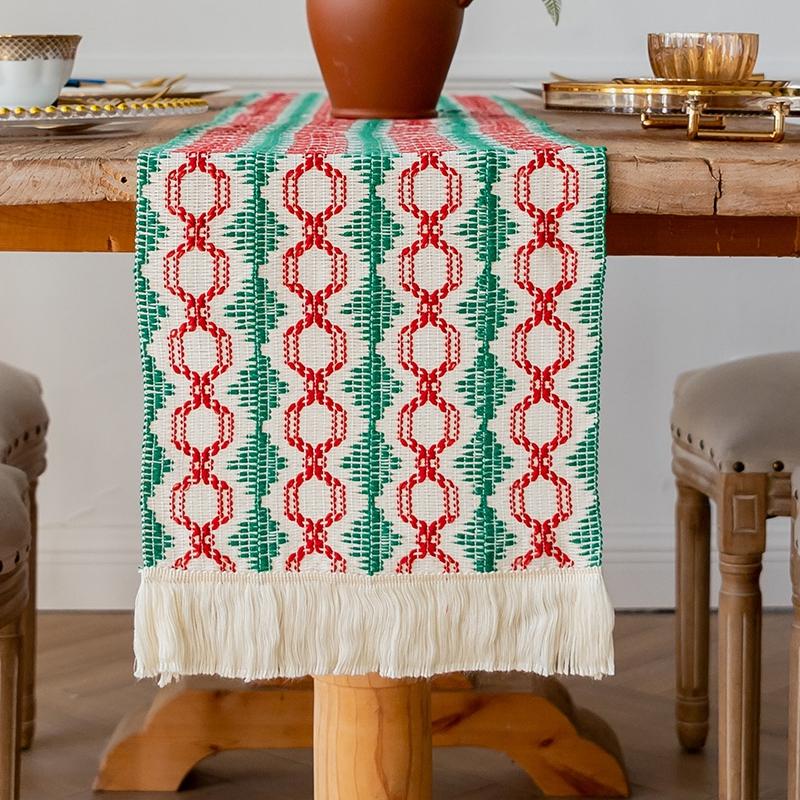 Christmas Table Runner Flag Cotton Woven Desktop Decorations Flags Tablecloths Long Strip Splicing Tassel Christmas Party Decor