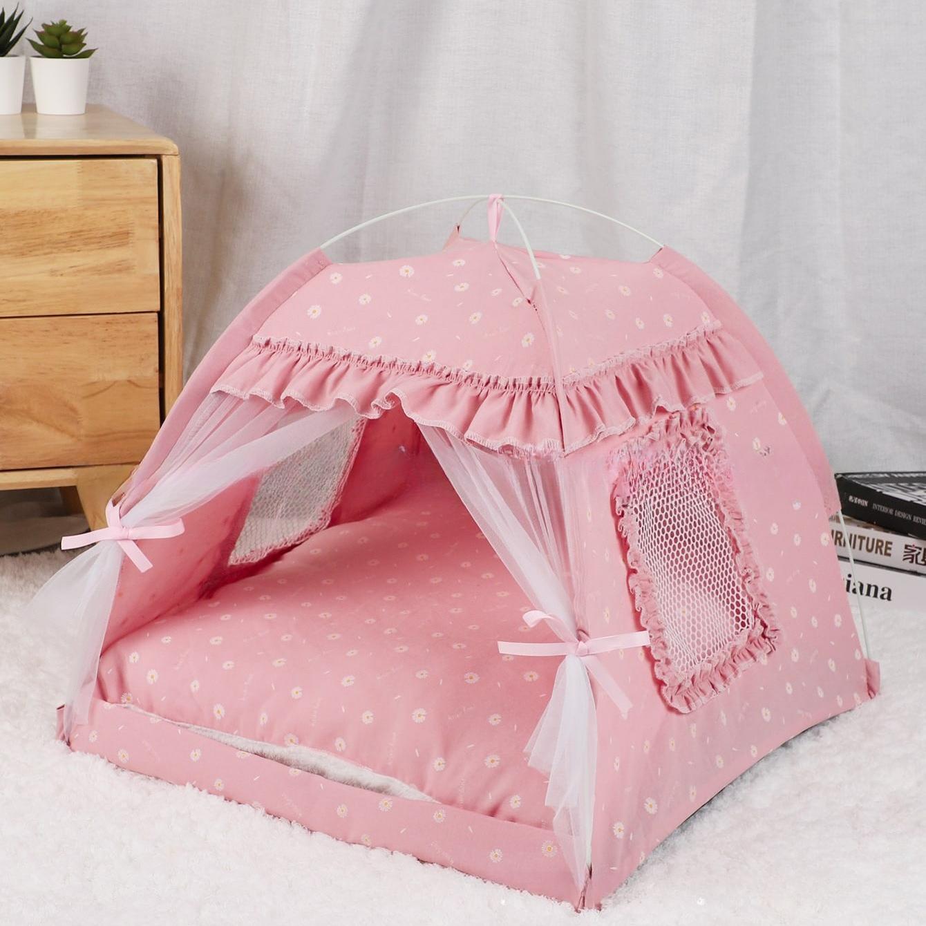 

Summer pet semi enclosed tent breathable cat and dog house outdoor blue floral tent foldable (pink,35X35CM) рожевий
