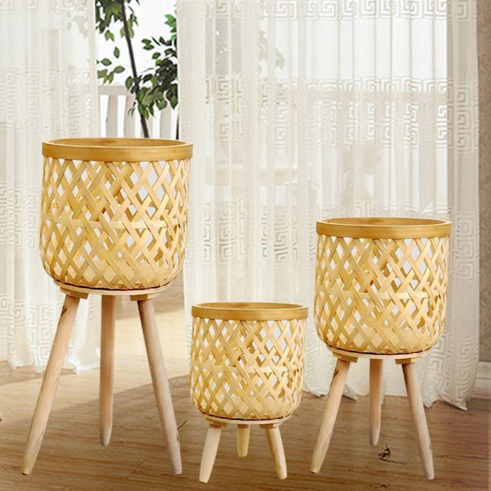 Handmade Bamboo Woven Flower Pot With Stand Stool With Legs Plant Flower Display Storage Stand Straw Woven