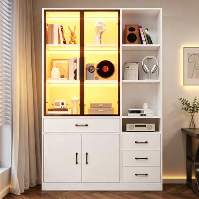 Hoher Schrank mit Vitrineneinsatz & LED, 120x35x200cm Weißes Bücherregal mit 13 Ablageflächen, 4 Schubladen & Türen, Geeignet für Esszimmer und Wohnzimmer