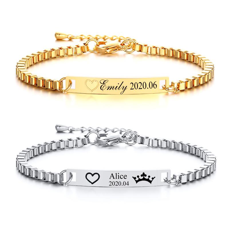 Custom Name Bracelet for Little Boy Girl Gold Color Bar Personalized Engraved Safty Stainless Steel  Bracelet 12cm to15cm