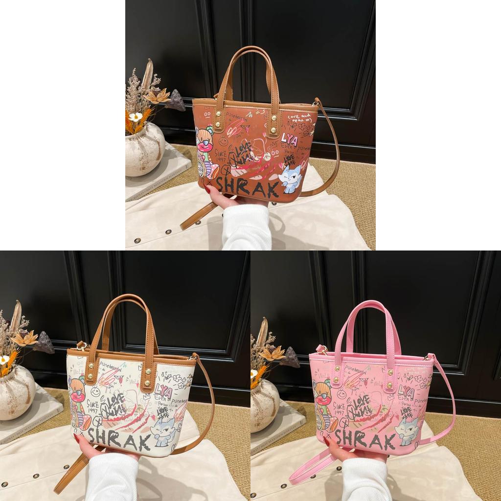 Große Eimer-Tasche aus PU für Damen mit Cartoon-Graffiti-Design, lässiger Streetstyle