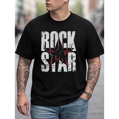 European Sizes Men'S Rock Star Graphic T-Shirt Heavyweight Retro Music Tee with Lettering & Red Star Print - All-Season Casual & Gym Wear, Durable
