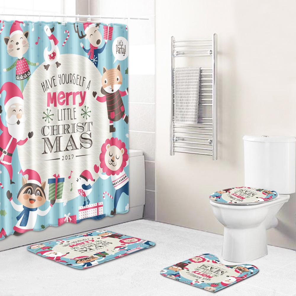 Christmas Waterproof Shower Curtain Floor Mat Four-Piece Set, Bathroom Water-Absorbing Non-Slip Door Mat, Shower Room Water-Absorbing Carpet