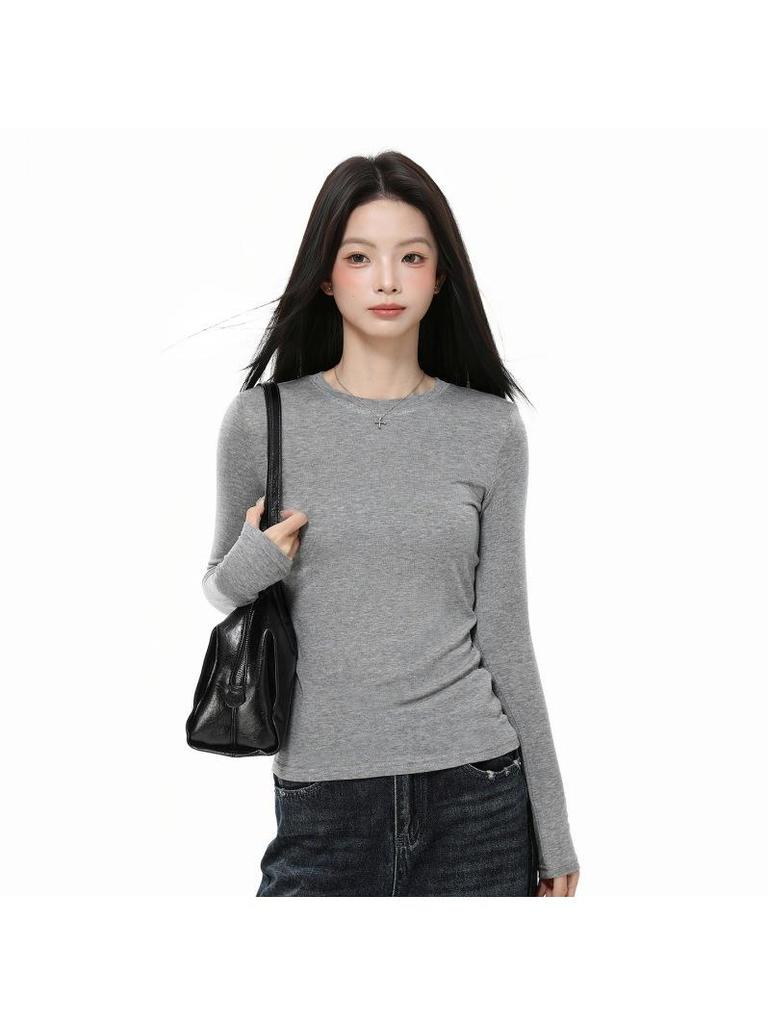 Women's Gray Slim-Fit Long-Sleeve T-Shirt: Korean Style, Autumn/Winter Base Layer