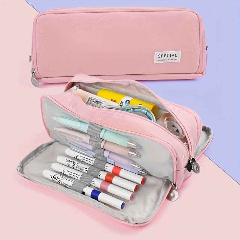 Macaron Color Double Zipper Large Capacity Pencil Bag - Dirt-Resistant Square Stationery Case for Students