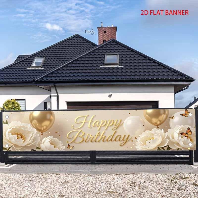 Happy Birthday Fence Banner Champagne Balloon Peony Butterfly Outdoor Yard Decor