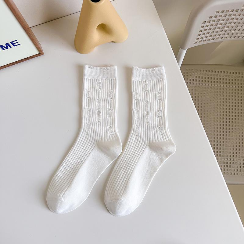 

Жіночі Модні Бавовняні Шкарпетки Середньої Довжини з Дірками, Однотонні, Пружинно-Літній Махровий Стиль One Size білий