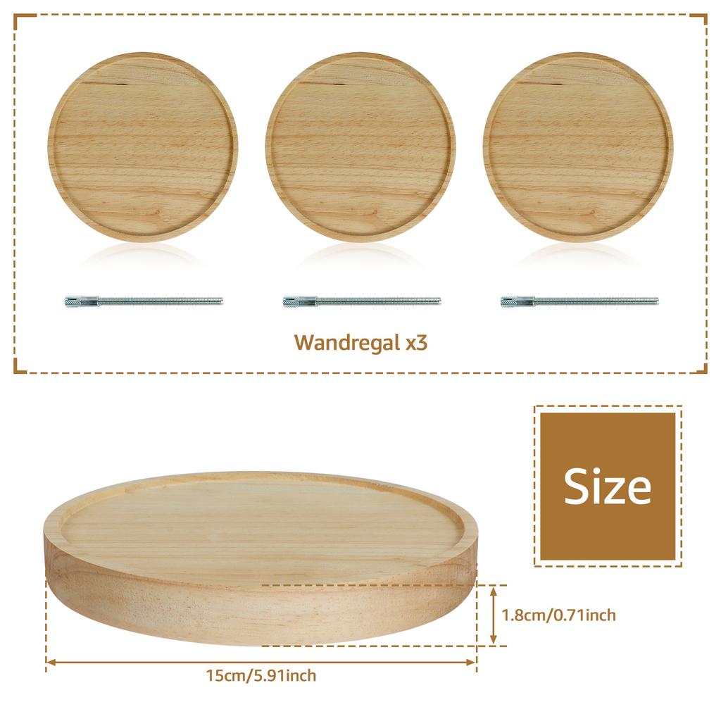 3/6 Stück Wandregal Set Eichenholz Rund Hängeregal Wanddeko Set Wandmontiertes Ausstellungs-Wandregal für Schlafzimmer Wohnzimmer