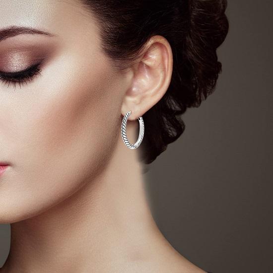 LeCalla S925 Sterling Silver Starožitné texturní přívěsky Huggie Hoop náušnice pro ženy, dospívající 25MM
