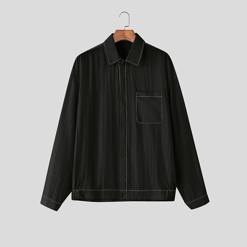 

INCERUN Men Casual Loose Lapel Long Sleeve Stitching Shirts Tops 5XL чёрный