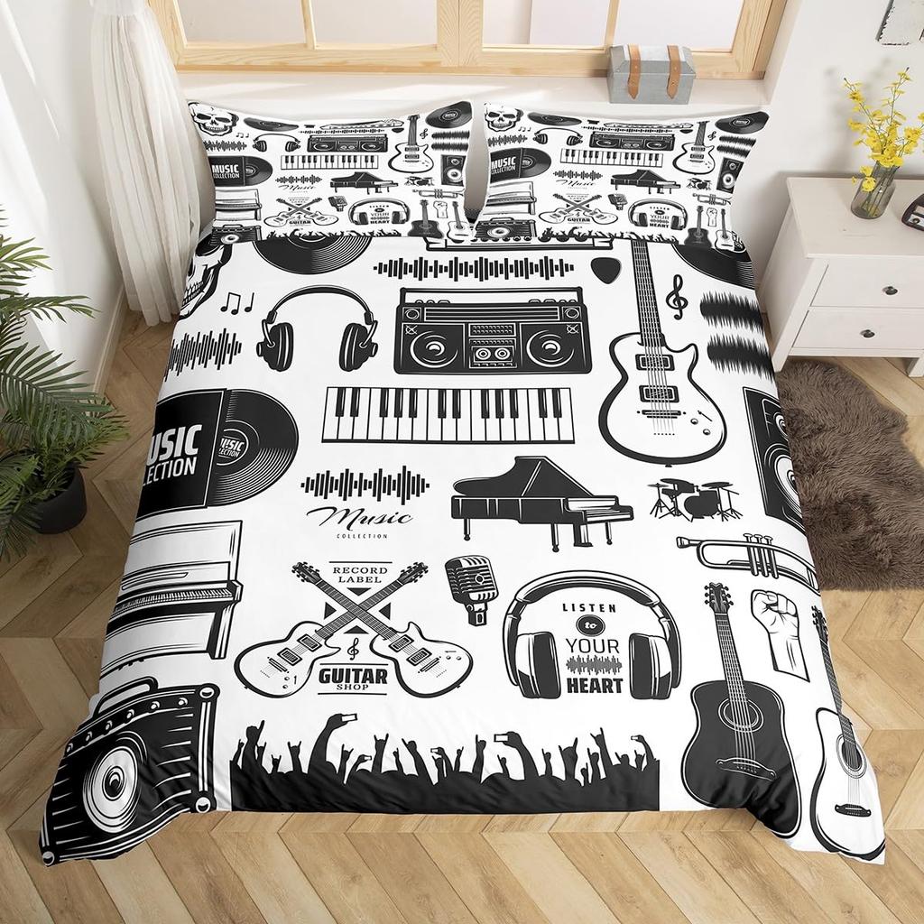 Music Soft Duvet Cover Set Quen Sized Dimensions,White Musical Note Beding Set 3pcs for Kid Bedrom Decor,Black White Piano Key Warm Comforter Cover
