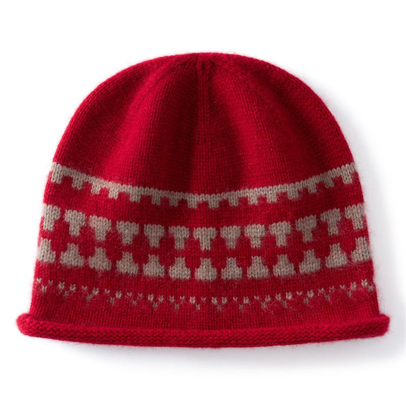 Vintage Fair Island Jacquard Knitted Cold Hat Women's Autumn and Winter Big Head Circumference Curled Wool Hat Warm Face Small Hat