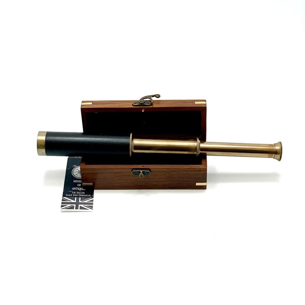 Antique Design Telescope Handheld, Wooden Box Optic Nautical Pirate Scope Spyglass, Leather Covered Telescope with Anchor Engraved Box