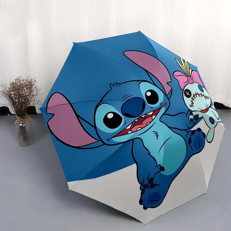 Stitch,Alien Automatic Folding Umbrella Simple 8 Rib Design, Bright Cartoon Pattern, Durable Iron Frame, Suitable For Travel, Outdoor, Bea