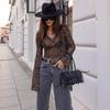 V-Neck Leopard Print Mesh Flare Sleeve Retro Slimming Long Sleeve Top