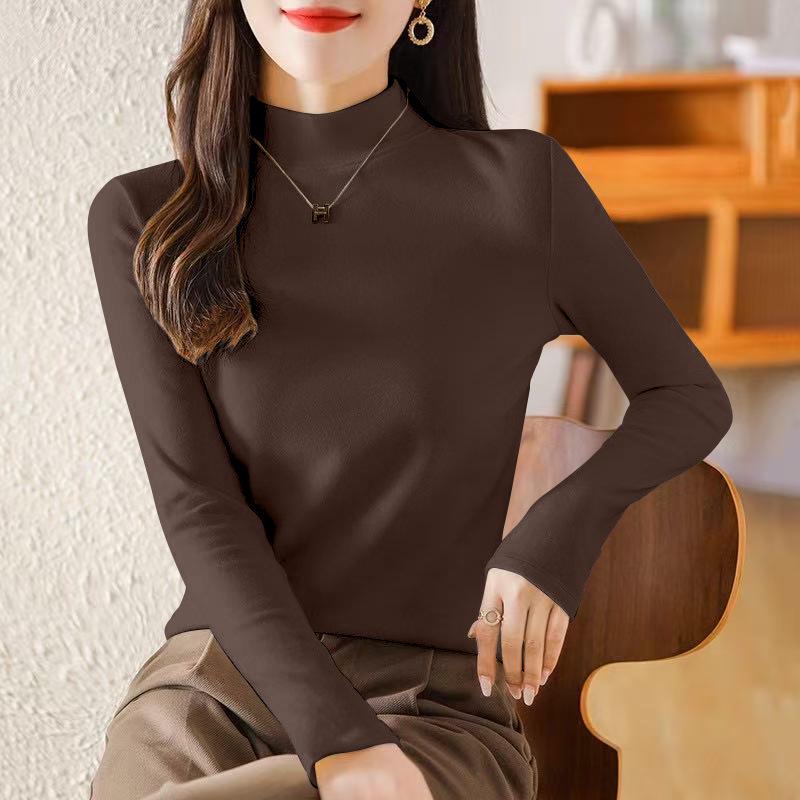 Women's Plus Velvet Half-High Collar Long-Sleeve Fleece Base Layer Top - Autumn/Winter