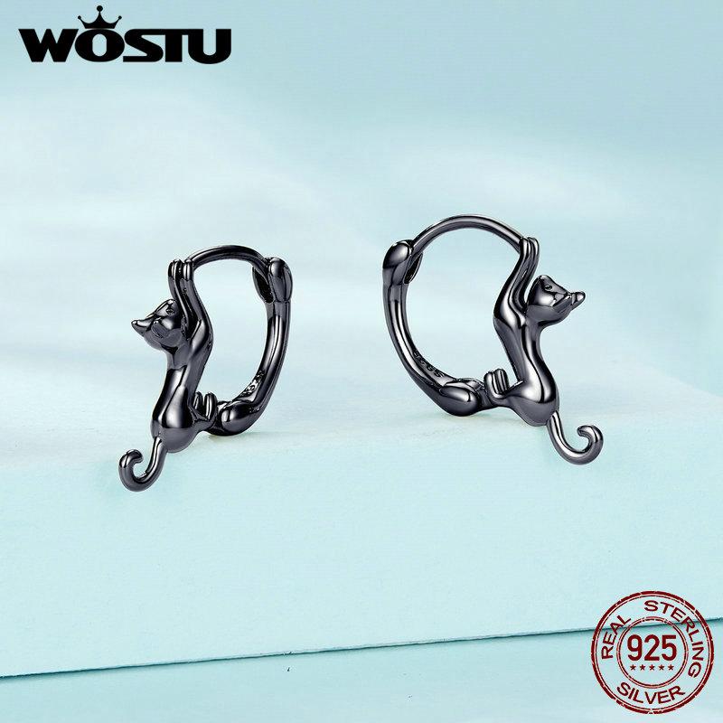 WOSTU Skutečné 925 mincovní stříbro černé roztomilé kočičí náušnice pro ženy Jemný šperk Dárek na večírek Rose Gold Animal Hoop Aretes