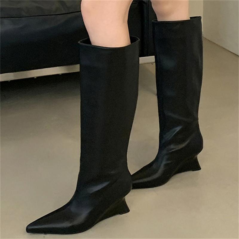 Eilyken Winter Designer Soft Leather Wedges Low Heels Women Knee High Boots Fashion Pointed Toe Long Booties Botines De Mujer