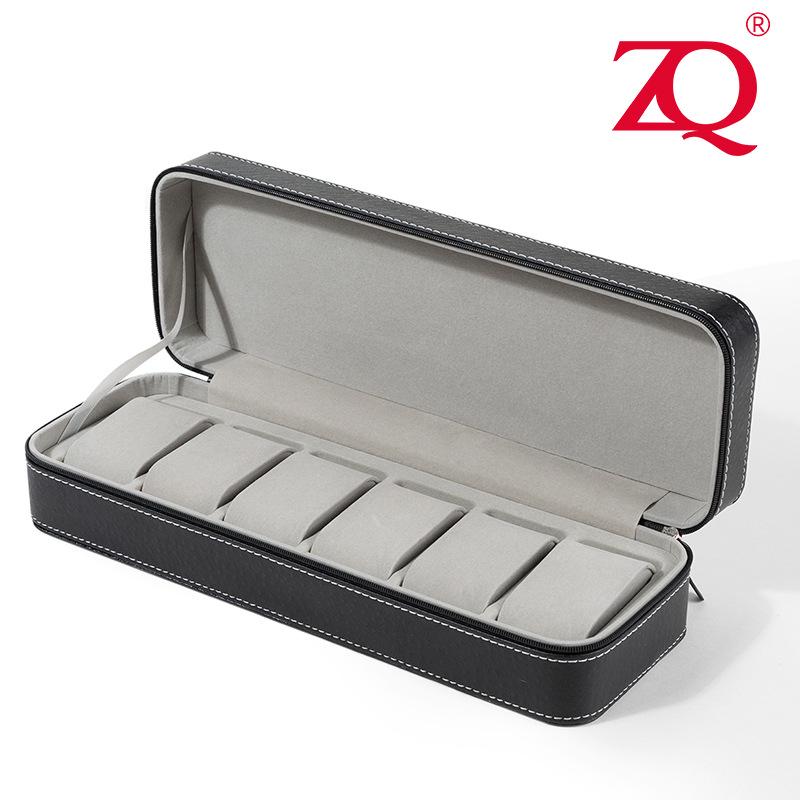 Portable Black and Blue-Gray Leather Zipper Watch Box with 6, 10, or 12 Slots - Flip-Top Jewelry Storage