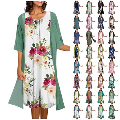 Zweiteiliges Damenkleid mit bedruckter Weste, mittellanges Kleid, Strickjacke, Jackenanzug