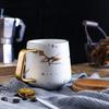 Japanese Ceramic Tea Cup: Matte Gold Marble & Black Pattern with Wooden Saucer