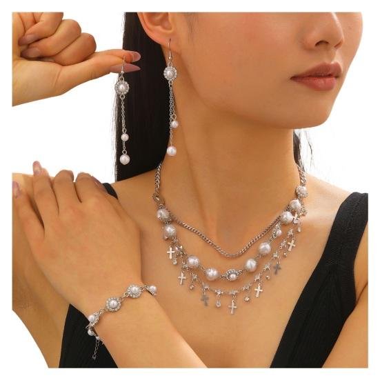 

Набор из 3 предметов женских украшений Стразы Инкрустация Жемчуг Имитация Шарм Ожерелье Серьги-подвески Браслет Набор для свиданий Набор украшений для повседневной носки A