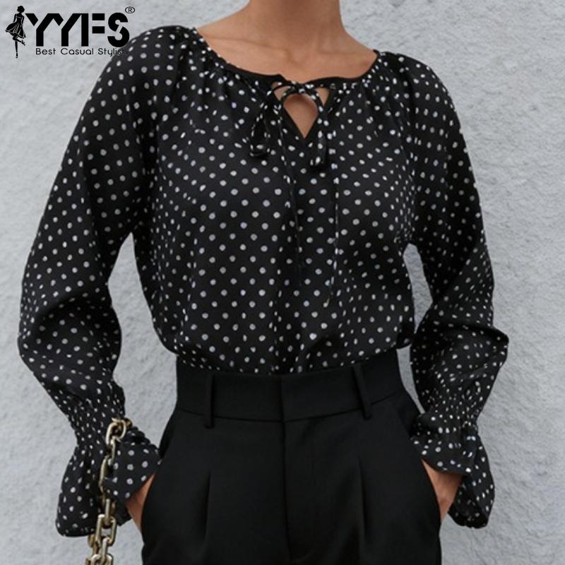 YYFS Women's Fashion Casual Spring Autumn Polka Dot Print Long Sleeve O-Neck Blouses & Shirts