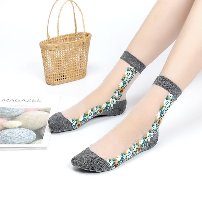 5 Pairs of Ladies Autumn Thin Floral Embroidered Glass Silk Clear Cotton Bottom Crystal Ice Stockings