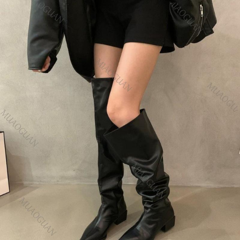 Women Over The Knee High Boots Fashion Suede Pointed Toe Shoes Autumn Winter Thick Middle Heel Western Cowboy Long Botas