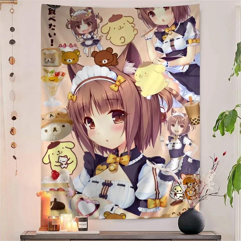 Neko Maid Tapestry, Chocola Vanilla Azuki Coconut Print Polyester Wall Hanging, Kawaii Otaku Decor For Bedroom & Living Room