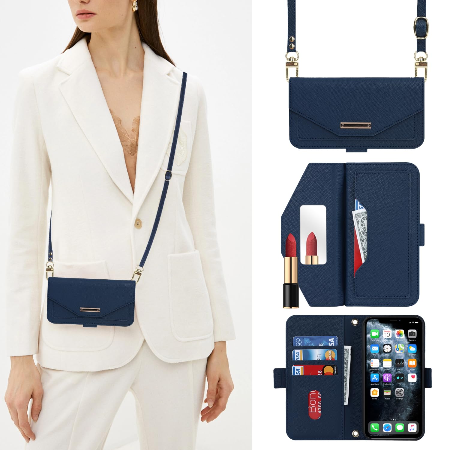 

Hamany iPhone 11 Pro Shoulder Case with with Card or Crossbody Shockproof Leather iPhone 11 Pro Case Cover Blue Mirror, Wallet-Style Strap, Mirror, синий