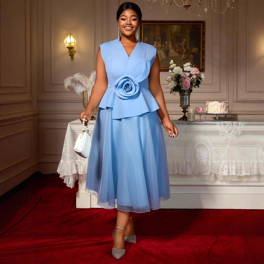 Plus Size Women's Light Blue Elegant V-neck Dress 3D Floral Formal Party Evening Gown