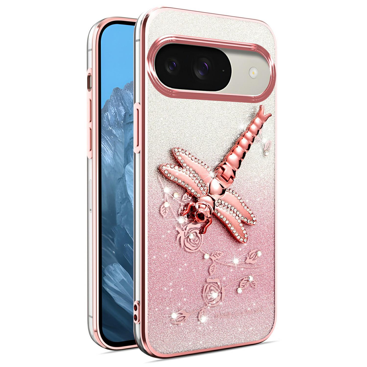 

KADEM Чехол для Google Pixel 9 Pro/Pixel 9 с подставкой-стрекозой, ТПУ, цветы, блестки, чехол для телефона A