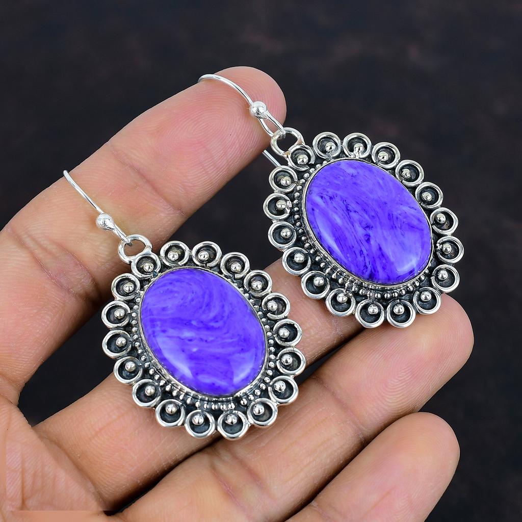 Charoitový drahokamový náušnice 925 sterlingové stříbro náušnice charoitové šperky ručně vyráběné náušnice náušnice s rodným kamenem zásnubní dárky elegantní šperky