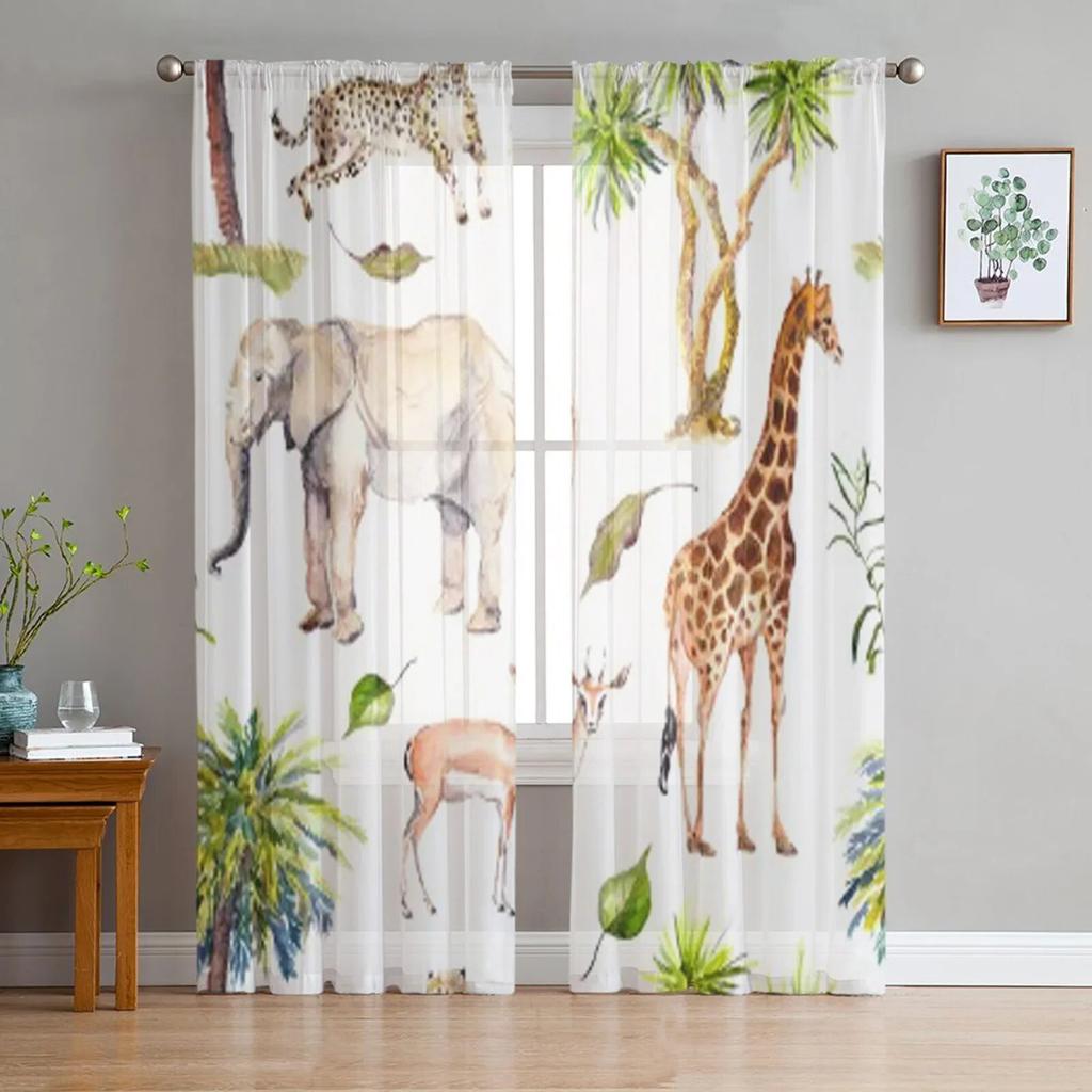 Transparente Vorhänge mit Aquarell-Wildtieren für Wohnzimmer, moderne modische Volantvorhänge für die Küche, Tüllvorhänge